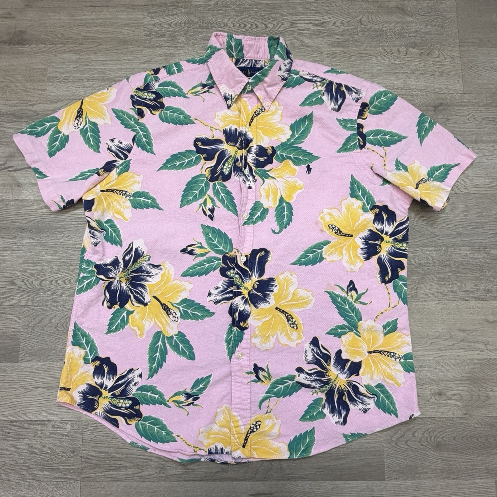 Ralph Lauren Tropical Button Down XL Short Sleeve Pink Blue Pony Floral Hawaiian - Picture 2 of 11